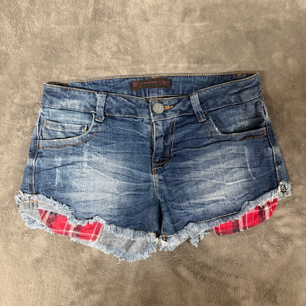 No Boundaries Blue Denim Shorts with Red Plaid Trim